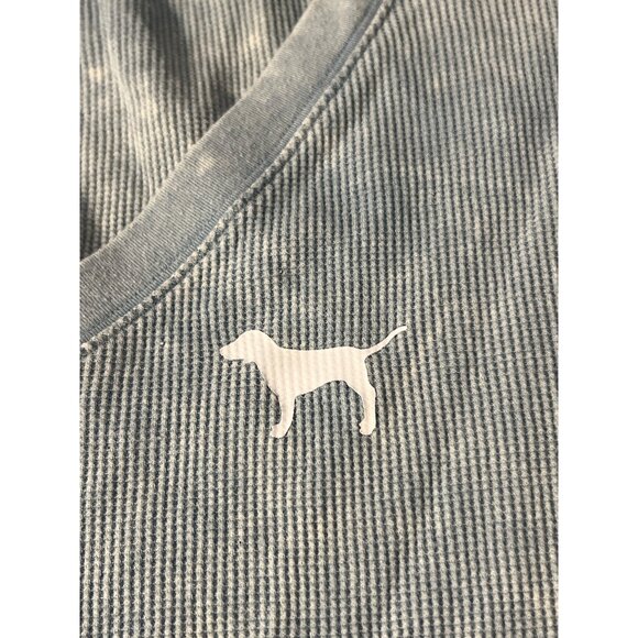 PINK Victoria's Secret Waffle Knit Shirt Long Sleeve V-Neck Blue Ribbed Crop Top - Picture 3 of 5